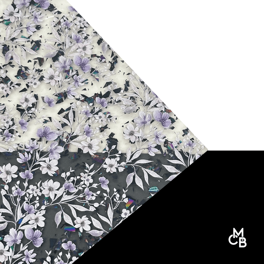 1/8" Purple Floral Vines On Holographic Black Flake Pattern Acrylic Sheet CMB PRESTIGE PATTERNS - CMB Pattern Acrylic