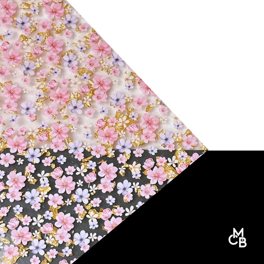 Pink & Purple Floral 2 Pressed Flowers on Gold Metallic Flake Pattern Acrylic Sheet CMB PRESTIGE PATTERNS - Acrylic Sheets