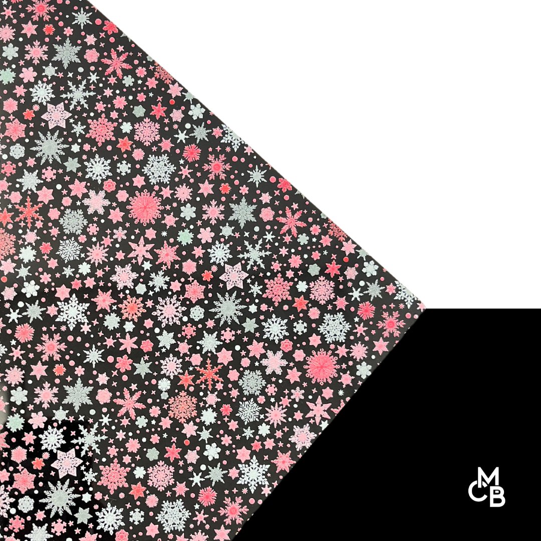 Pinkish Red & Green Snowflakes Snowflakes on Glossy Black Pattern Acrylic Sheet CMB PRESTIGE PATTERNS - Acrylic Sheets