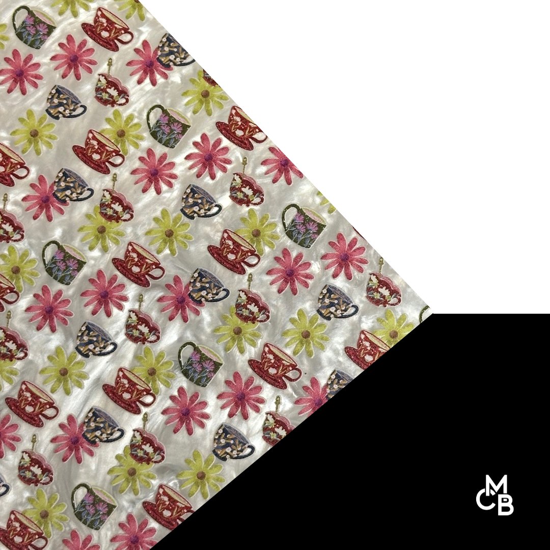 Teacups & Flowers on White Pearl Pattern Acrylic Sheet CMB PRESTIGE PATTERNS - Acrylic Sheets